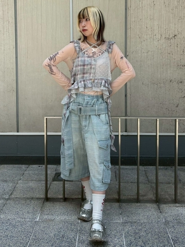 CHECK SAGGING DENIM HALF PANTS | Candy Stripper（キャンディ